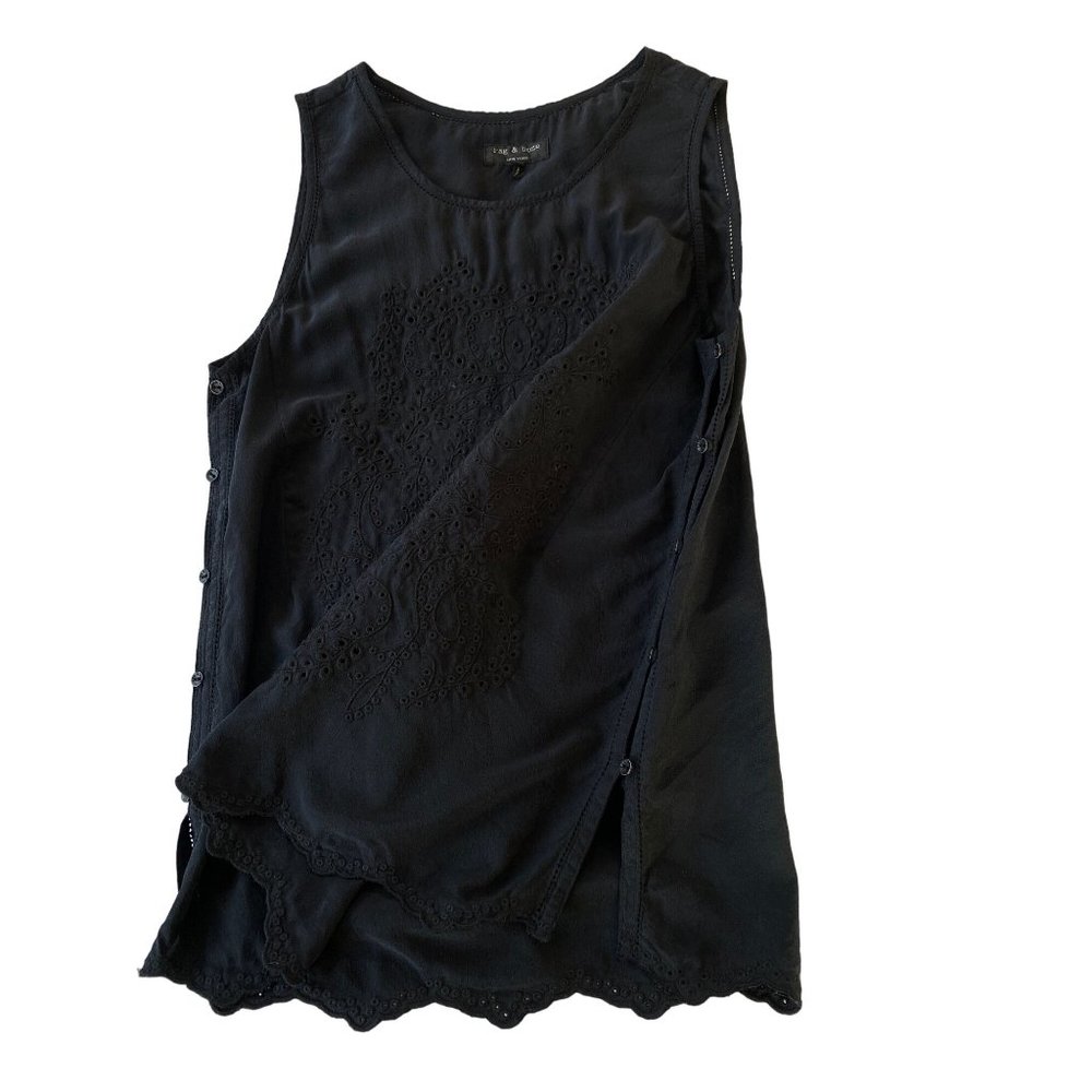rag & bone Black Silk Eyelet Camisole Blouse Sleeveless Top Side Buttons XS/S - Picture 13 of 13